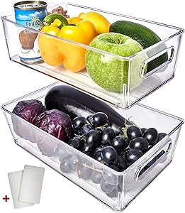 Fridge Organizer Bins 2 Pack - Refrigerator Organizer Bins Freezer Organizer Stackable Refrigerator Storage Bins Fridge Storage Containers Clear Pantry Organization And Storage Bins Clear Pantry Bins