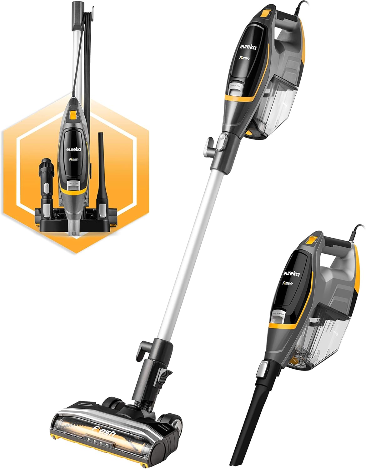 Eureka Flash Lightweight Stick Vacuum Cleaner,15KPa Powerful Suction, 2 in 1 Corded Handheld Vac for Hard Floor and Carpet, Black, NES510