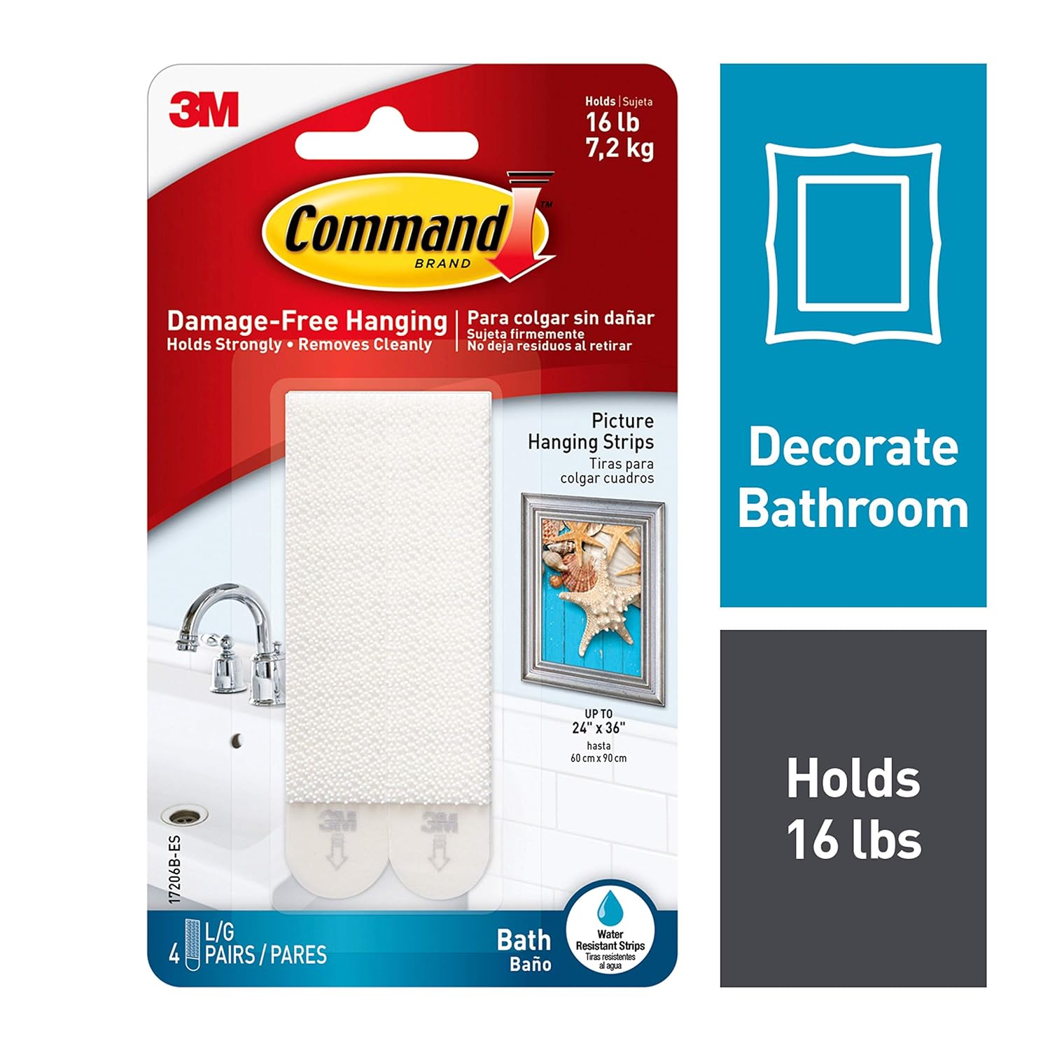 Command 3M Large Picture and Frame Hanging Strips, White-Bath, 4 Pairs