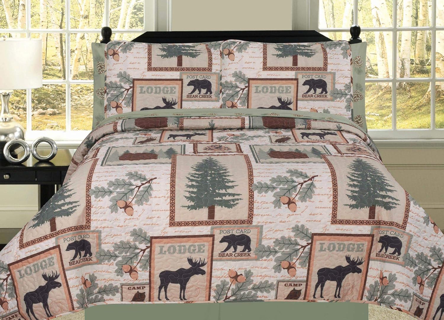 HowPlum Elk Bear Rustic Mountain Lodge Cabin Queen Quilt 7 Piece Bedding Sheet Set