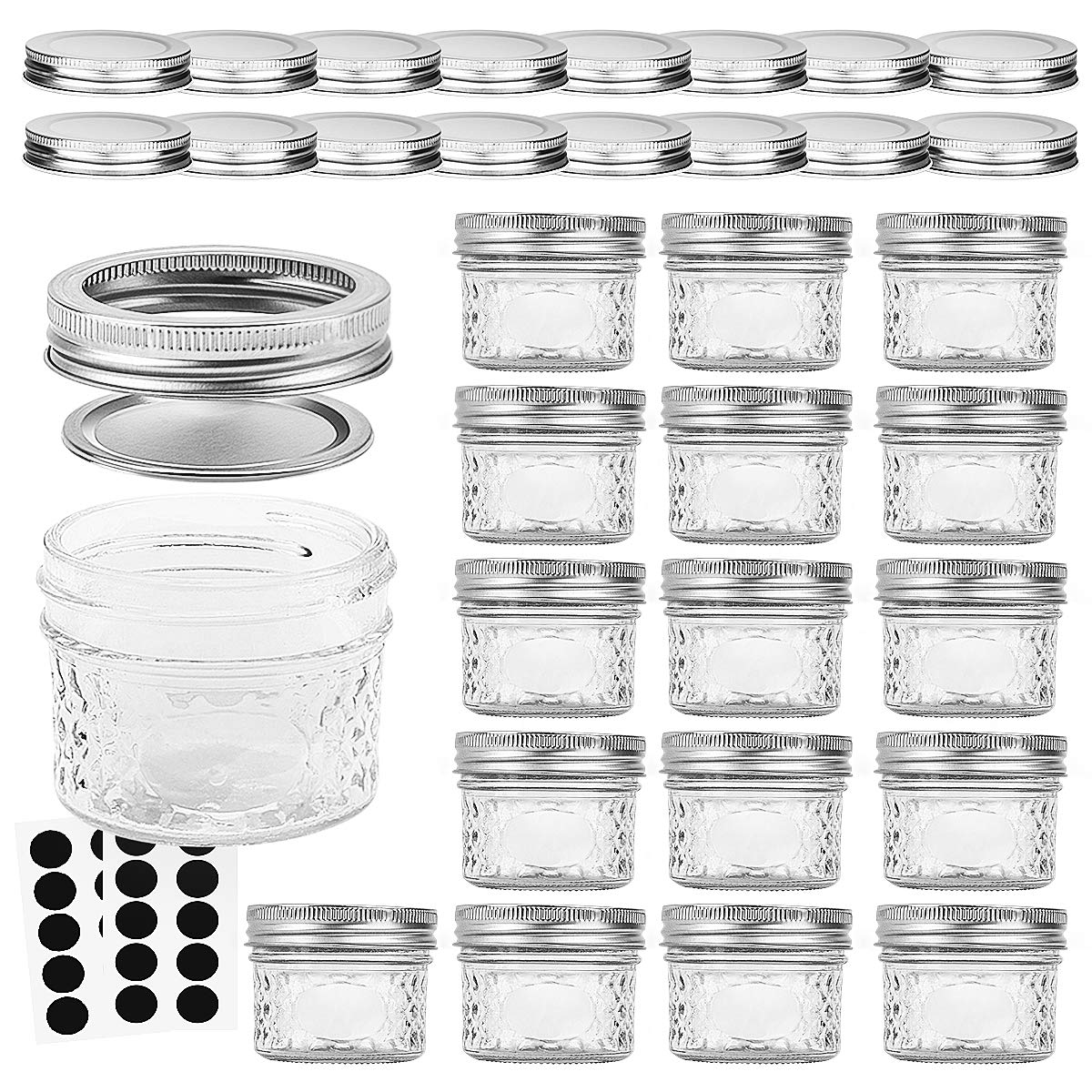 VERONES Mason Jars Canning Jars, 4 OZ Jelly Jars With Regular Lids and Bands, Ideal for Jam, Honey, Wedding Favors, Shower Favors, Baby Foods, DIY Magnetic Spice Jars, 16 PACK,Extra 16 Lids