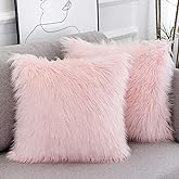 WLNUI Set of 2 Pink Fluffy Pillow Covers New Luxury Series Merino Style Blush Faux Fur Decorative Throw Pillow Covers Square 