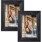 4x6 Picture Frame, Natural Solid Wood 4 by 6 Picture Frame for Tabletop or Wall Display Real Glass Rustic Black (2 Pack)