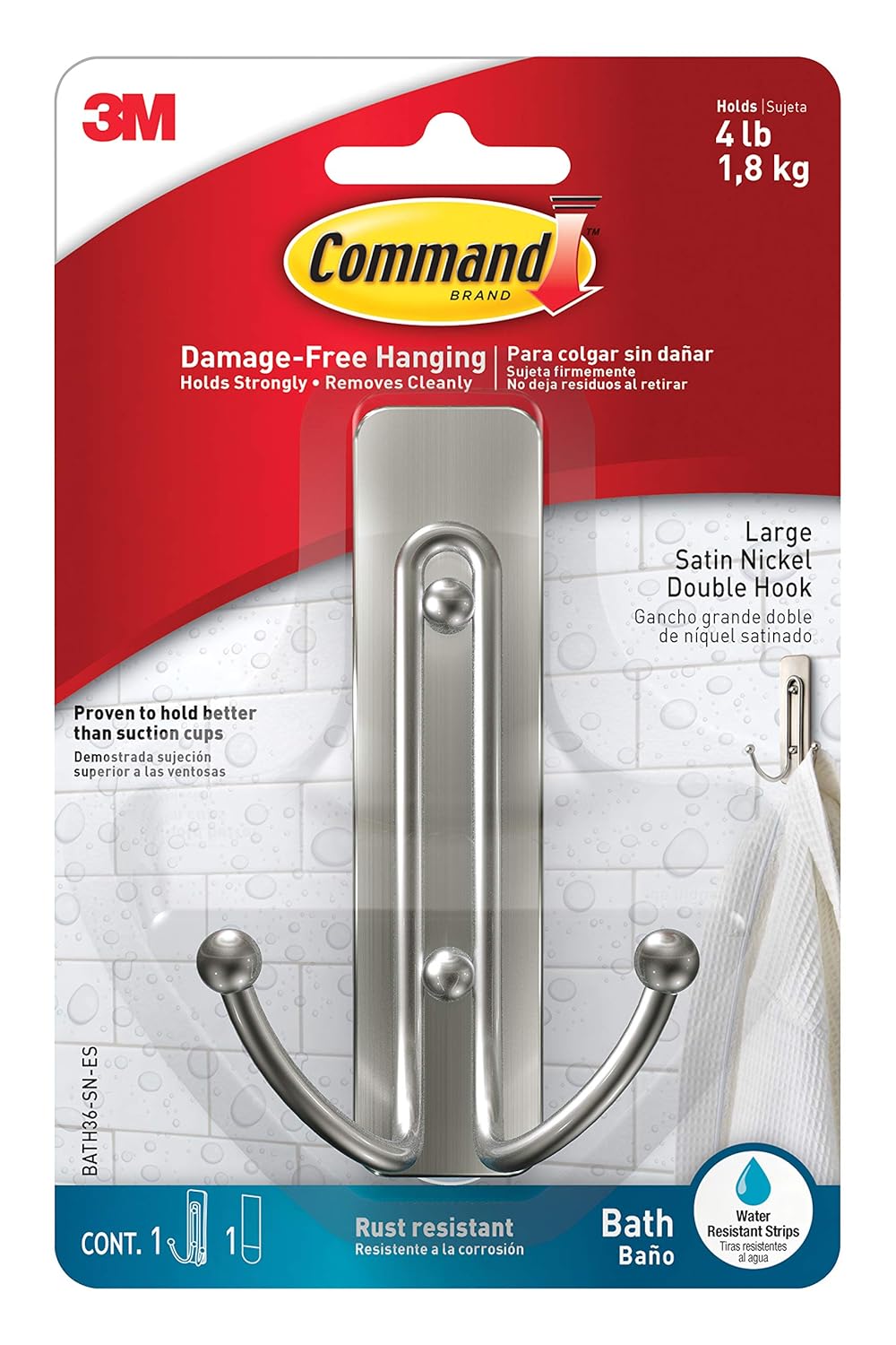 Command Large Double Bath Hook, Satin Nickel, 1-Hook, 1-Large Water-Resistant Strip