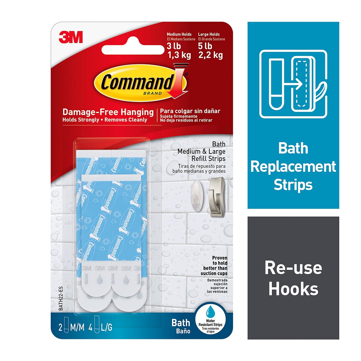 Command Bath Water Resistant Refill Strips, 2-Medium and 4-Large Strips (BATH22-ES-E)