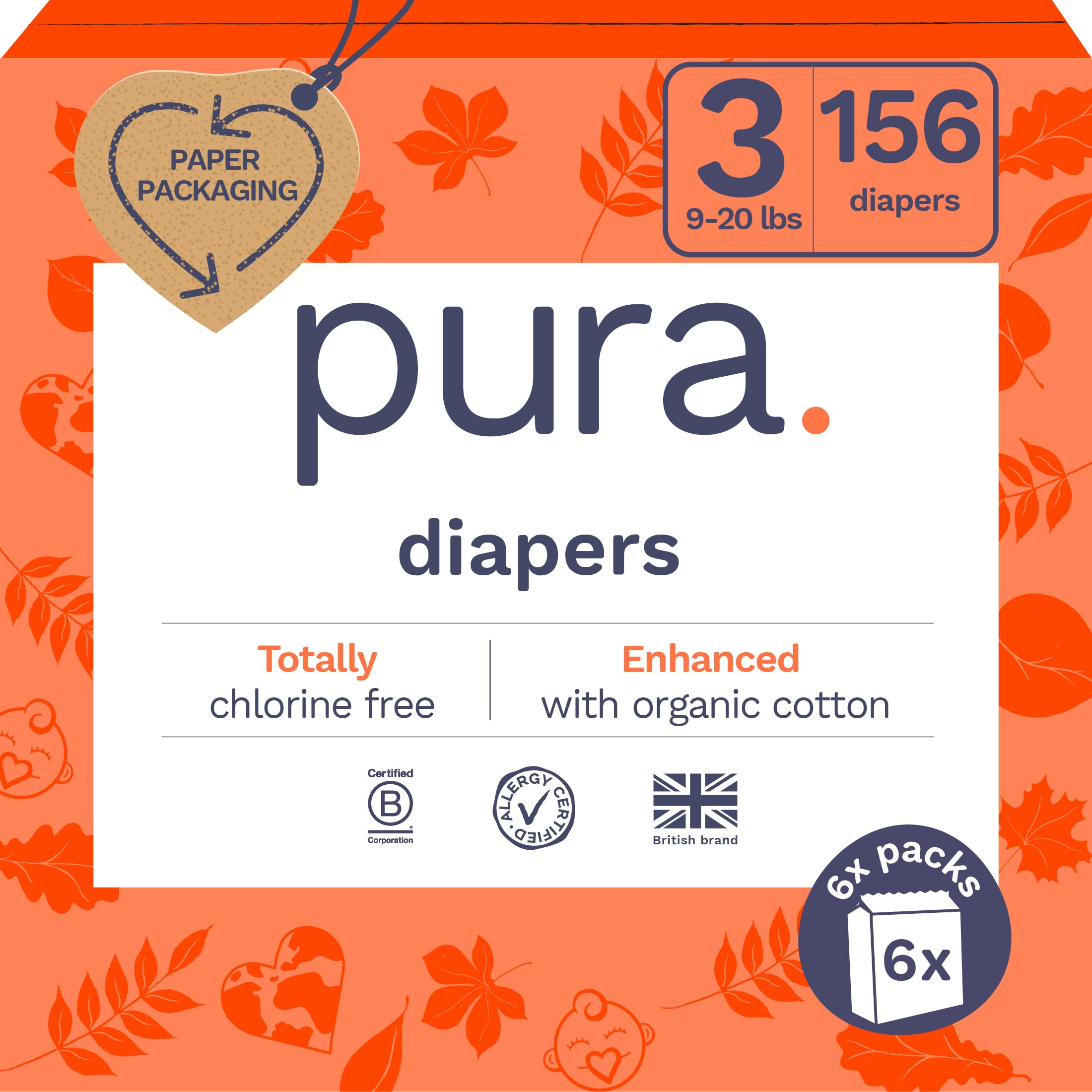 Photo 1 of Pura Size 3 Eco-Friendly Diapers (9-20lbs) Totally Chlorine Free (TCF), Hypoallergenic, Soft Organic Cotton, Sustainable, up to 12 Hours Leak Protection, Allergy UK, 6 Packs of 26 (156 Diapers)