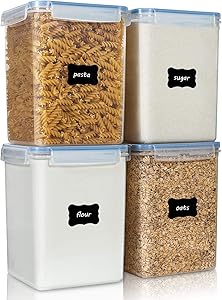 Extra Large Food Storage Containers 5.2L / 176oz, Vtopmart 4 Pieces BPA Free Plastic Airtight Food Storage Containers for Flour, Sugar, Baking Supplies, with 4 Measuring Cups and 24 Labels