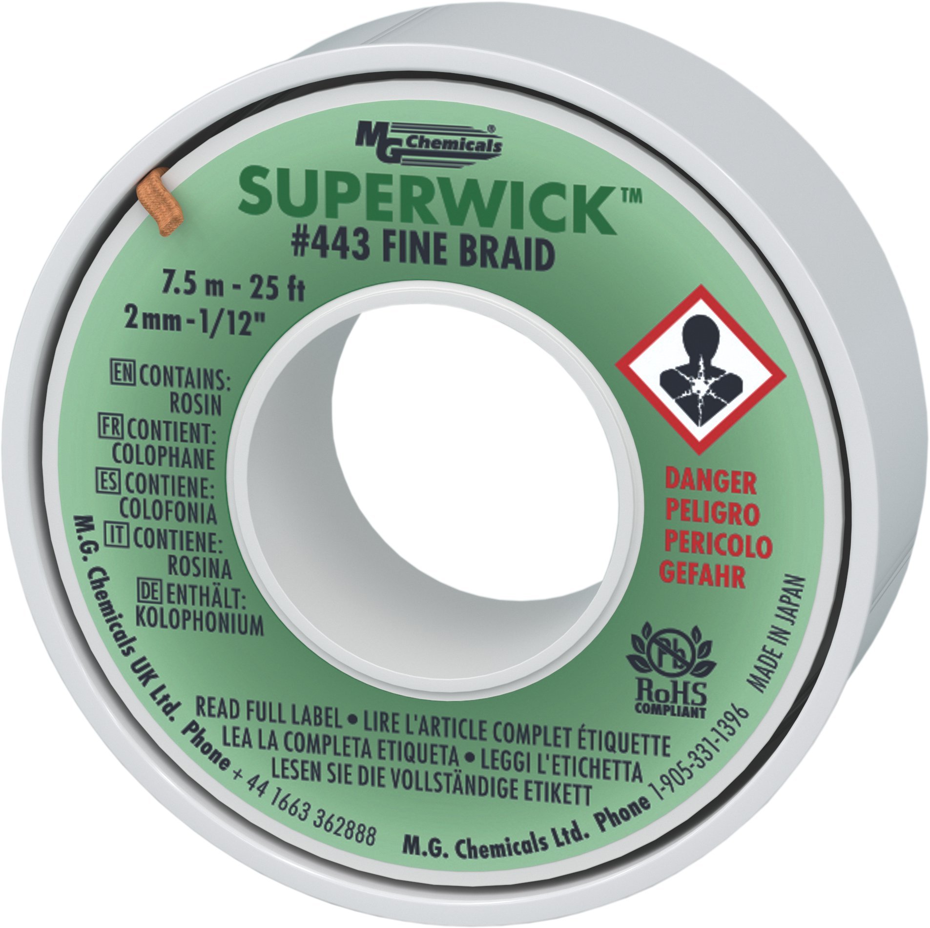 MG Chemicals Desoldering Braid #3 Fine Braid Super Wick with RMA Flux, 25' Length x 0.075" Width, Green