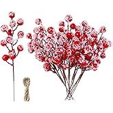 Svnntaa 24 Pieces 7.8 Inch Artificial Holly Berry Stem Picks with Snowflake Glitter Christmas Tree Berries Picks for Christma