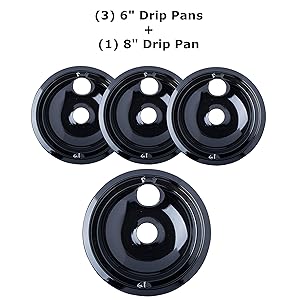 Porcelain Drip Pans (3) 6” WB31M20, (1) 8” WB31M19 Replacement for GE P119204XZ Style B Black