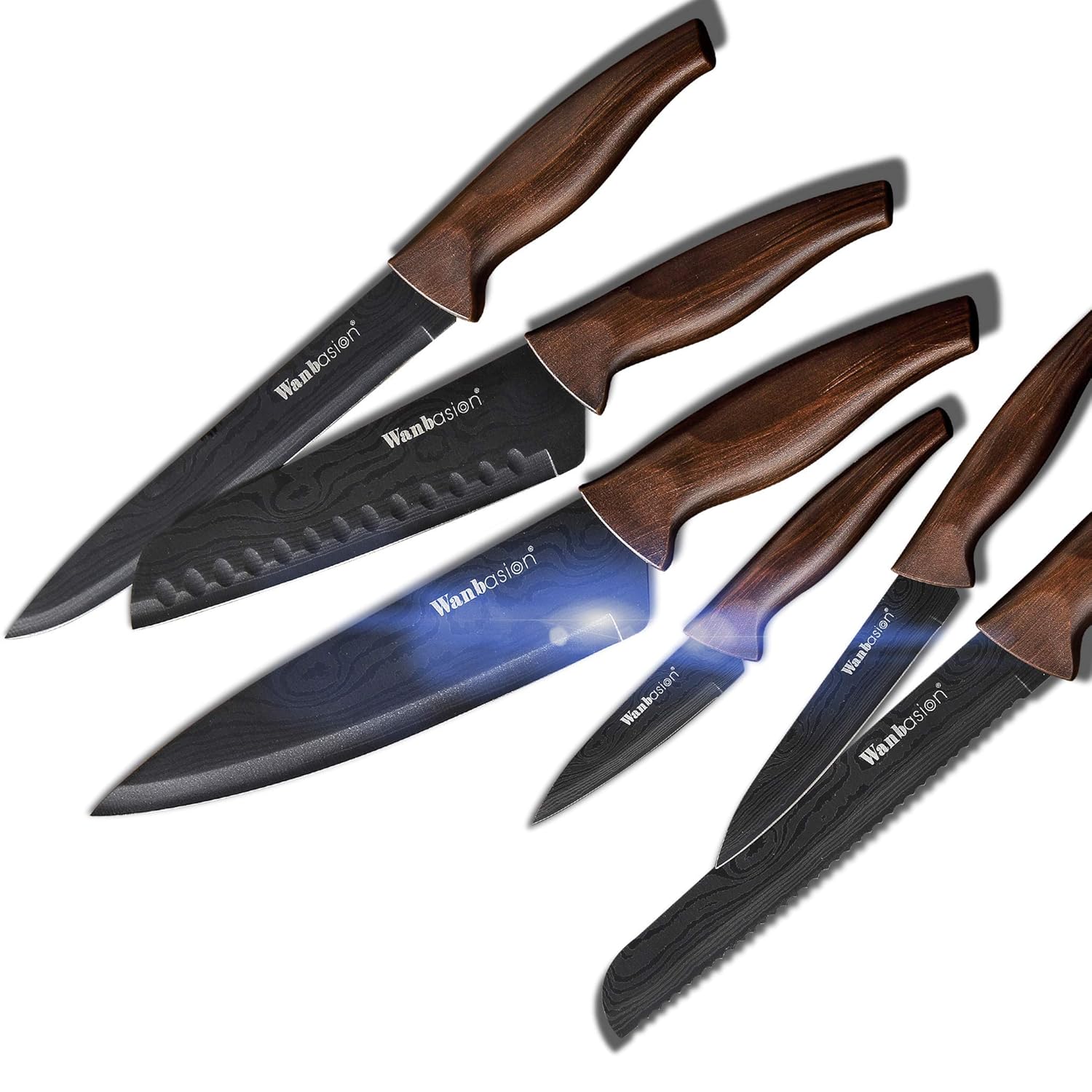 Wanbasion Matte Black Titanium Plated Stainless Steel Kitchen Knife Set, Chef Kitchen Knife Set Professional, Dishwasher Safe Kitchen Knife Set with Damascus Style