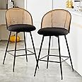 Bekrvio Swivel Counter Height Bar Stools Set of 2, Mid Century Modern 26" Bar Chairs with Rattan Back & Metal Legs, Upholster