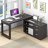 MU Gray L Shaped Desk with Drawers, Corner Desk with 3 Drawers and 2 Shelve, Executive Office Desk with Storage File Cabinet 