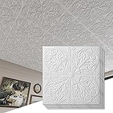 Art3d Decorative Ceiling Tile 2x2 Glue up, Lay in Ceiling Tile 24x24 Pack of 12pcs Spanish Floral in Matt White