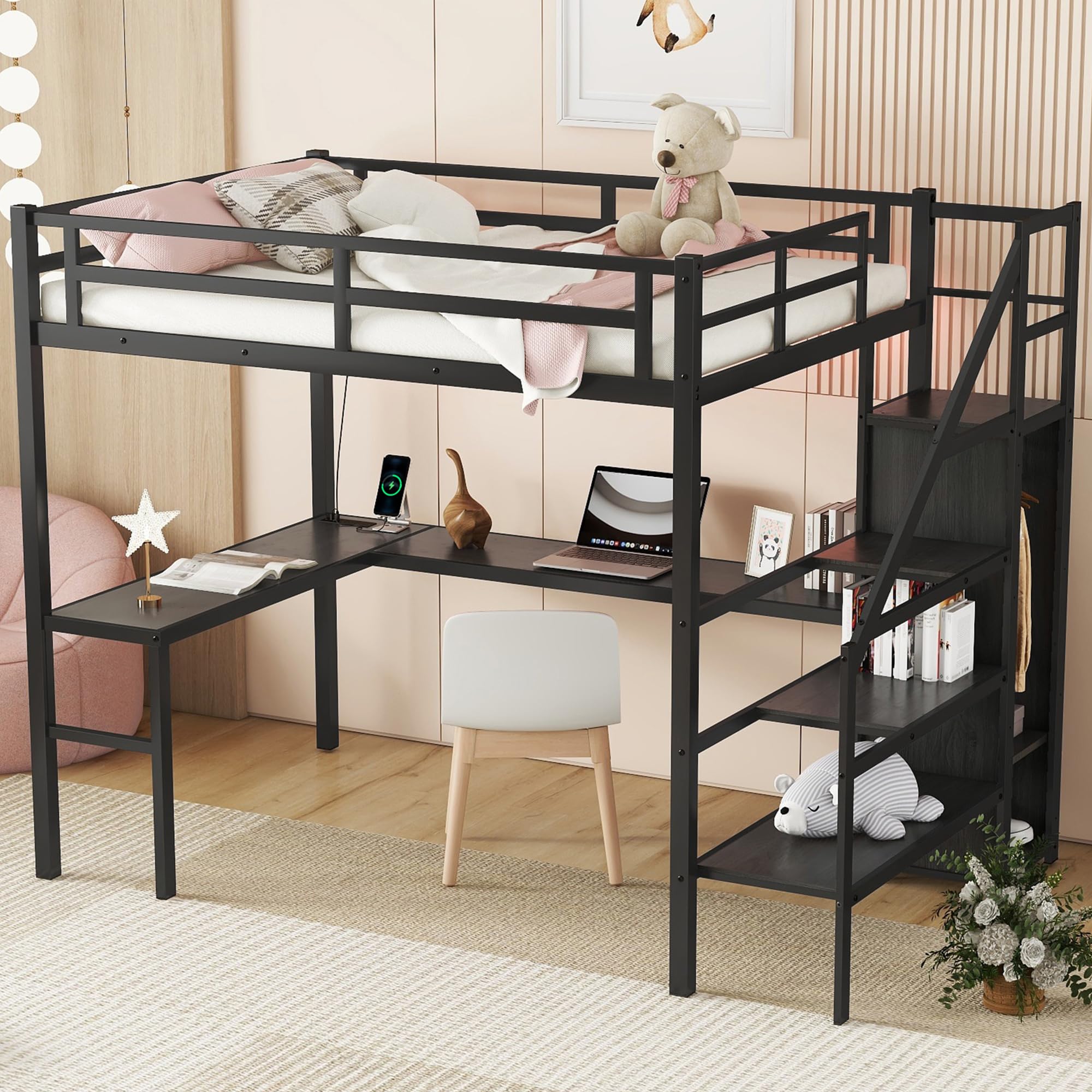 Photo 1 of Full XL Loft Bed with Stairs and Wardrobe, Metal Loft Bed with Desk and Storage Stairs, RGB LED Loft Bed with Charging Station(USB Port, Outlets) (Full XL Loft Bed Black)