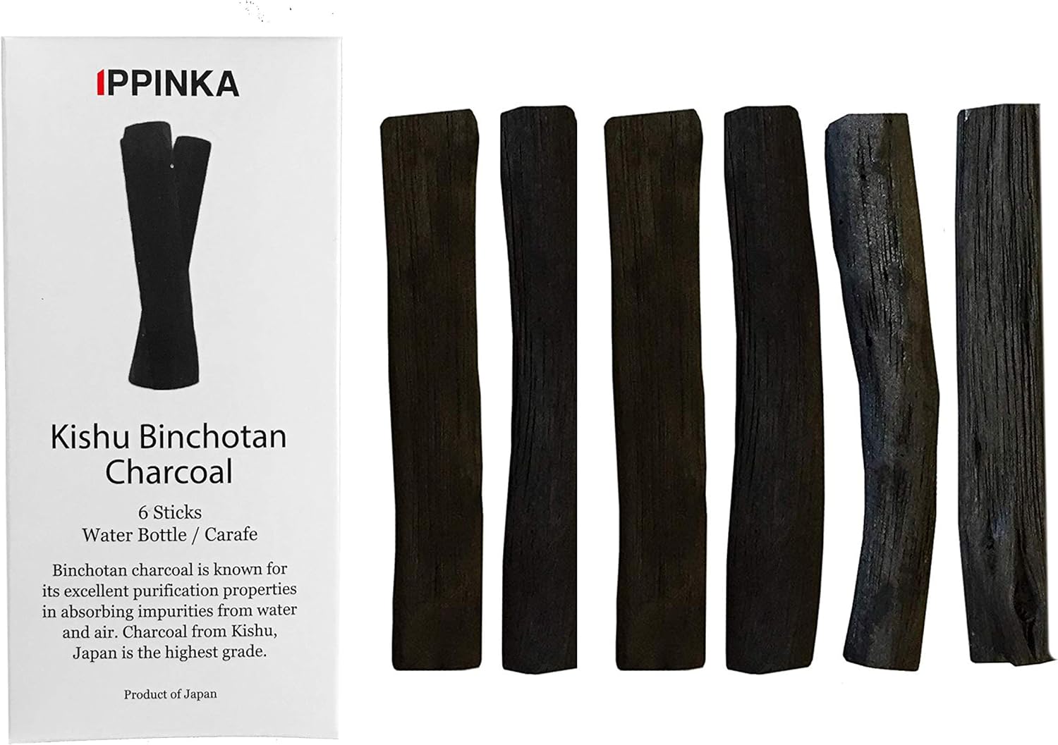 IPPINKA Kishu Binchotan Charcoal Slim Personal Sticks, 6 Sticks of Water Filter