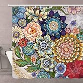 Neasow Boho Floral Shower Curtains for Bathroom, Bright Fabric Blossom Shower Curtain with 12 Hooks, Multi Color 72"×84"