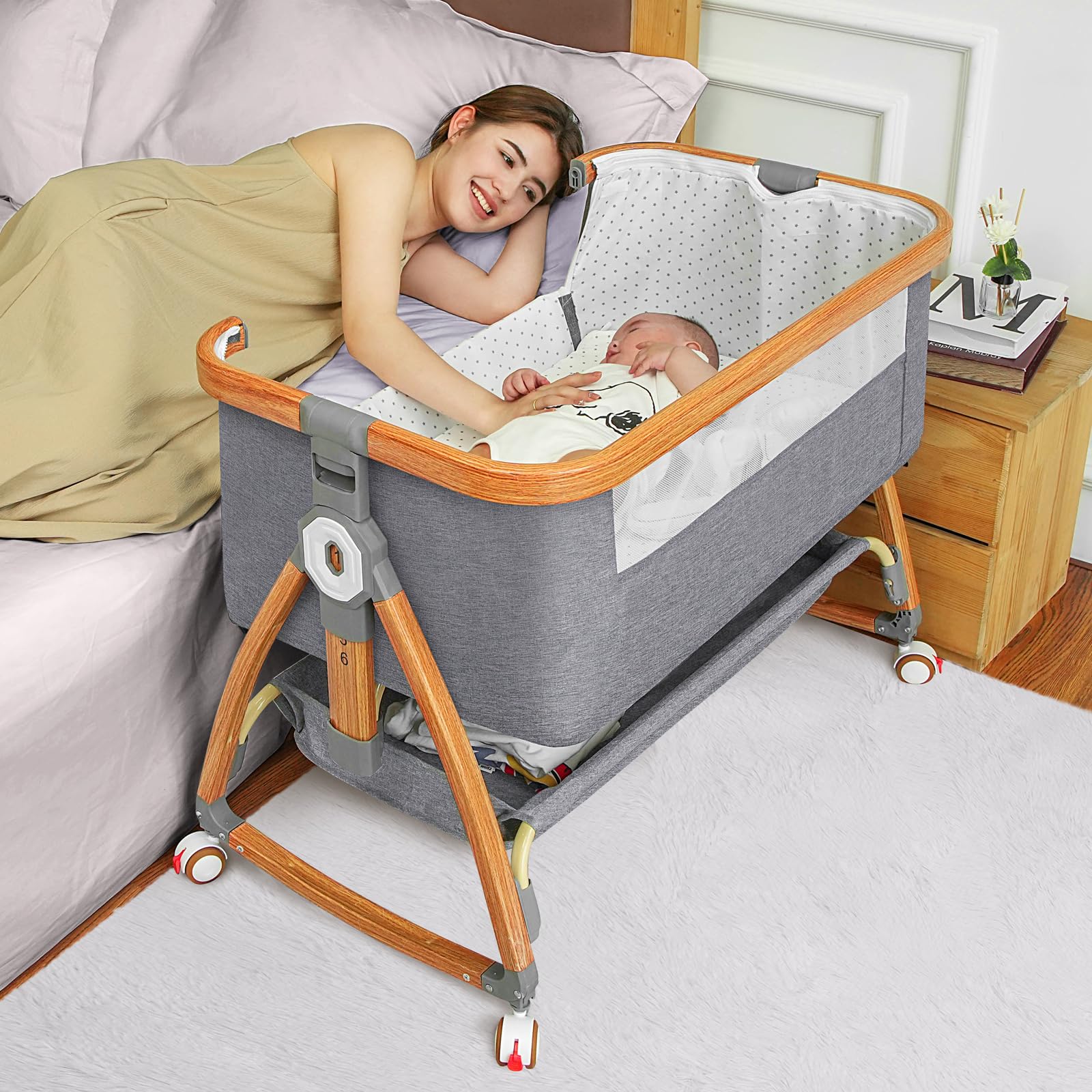 Photo 1 of Mereryi Bedside Bassinet for Baby,Baby Bassinet Bedside Sleeper,Bassinet Bedside Sleeper with Wheels,Storage Basket,Mosquito Nets,Easy to Assemble Bassinet for Newborn/Infant,Adjustable Bedside Crib