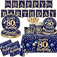 80th Birthday Decoration Men-142pcs Navy Blue and Gold Birthday Tableware Set(Serve for 20) Include Happy 80th Birthday Banne