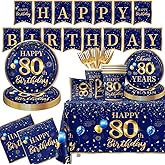 80th Birthday Decoration Men-142pcs Navy Blue and Gold Birthday Tableware Set(Serve for 20) Include Happy 80th Birthday Banne