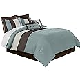 Chezmoi Collection 8-Piece Luxury Striped Comforter Set (Blue/Brown/Beige, Queen)