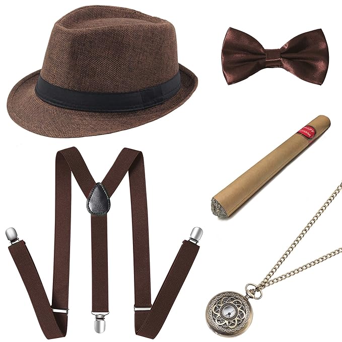 1920s Men’s Costumes: Gatsby, Gangster, Peaky Blinders, Mafia BABEYOND 1920s Mens Gatsby Gangster Accessories Set Panama Hat Suspender Bow Tie  AT vintagedancer.com