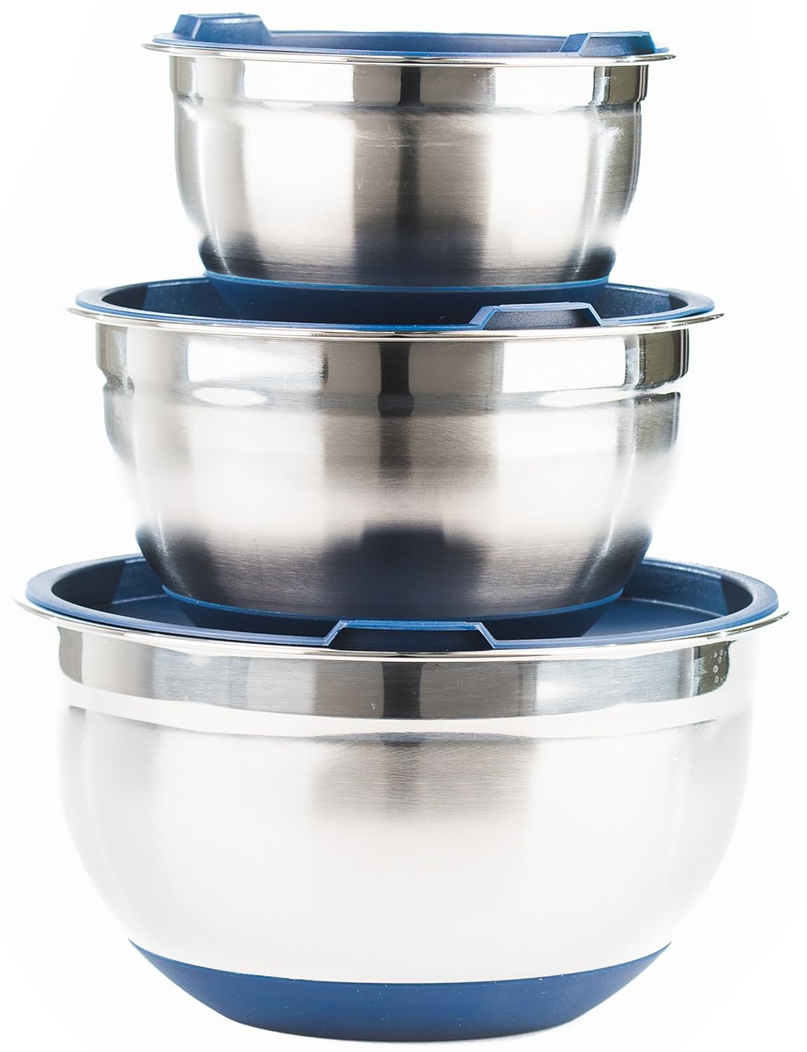 Stainless Steel Mixing Bowls with Lids (Set of 3) by Fitzroy and Fox, Blue or Red