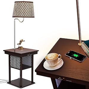 Brightech - Madison LED Floor lamp with Wireless Charging Pad & USB Port, Shelves & Bedside Table Nighstand with Lamp attached - Mid Century Modern End Table for Living Rooms - Havana Brown