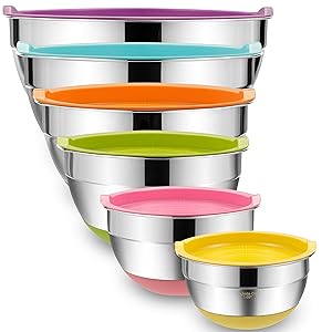 Mixing Bowls with Airtight Lids, 6 piece Stainless Steel Metal Bowls by Umite Chef, Measurement Marks & Colorful Non-Slip Bottoms Size 7, 3.5, 2.5, 2.0,1.5, 1QT, Great for Mixing & Serving