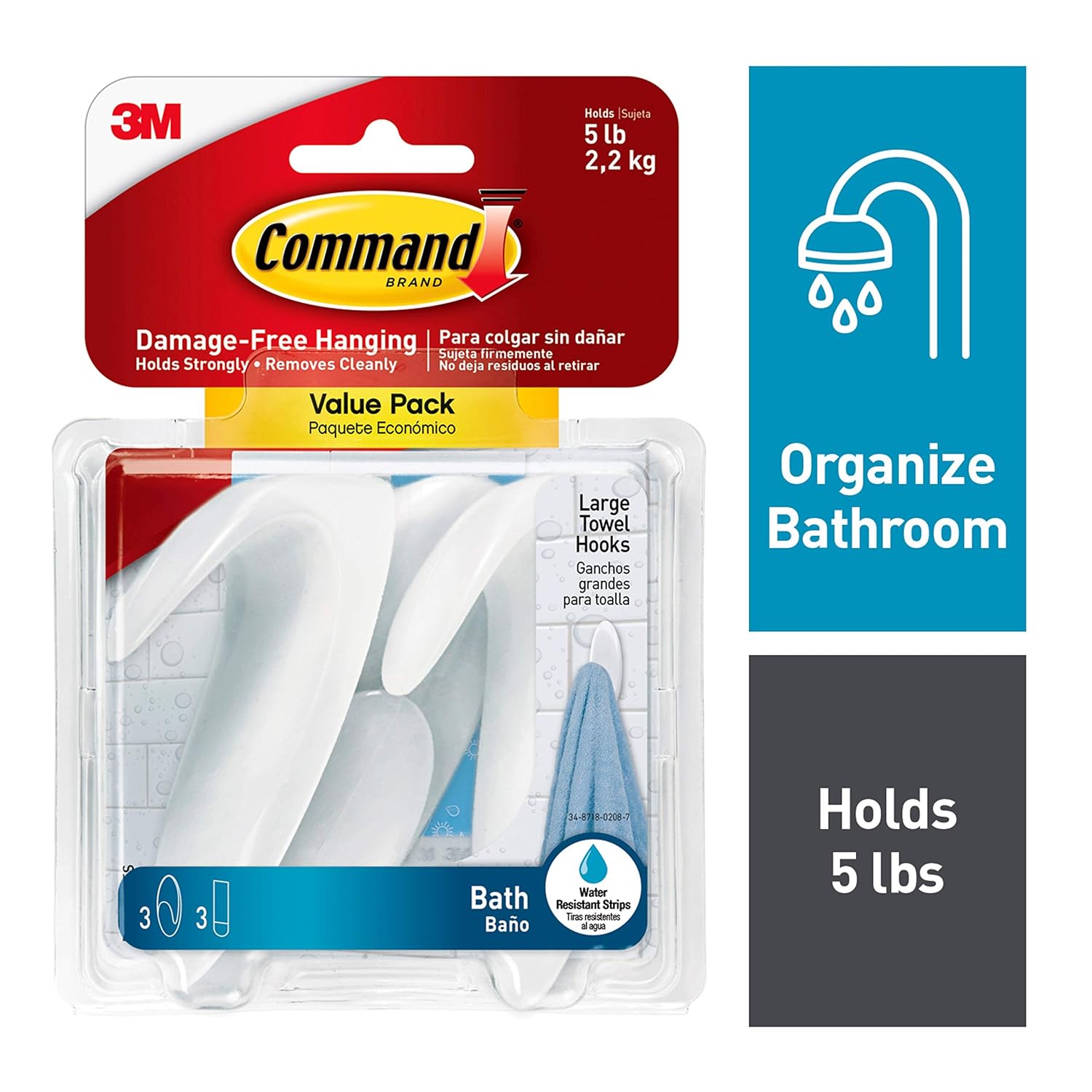 Command Towel Hook Value Pack, Large, Clear Frosted, 3-Hooks, 3-Large Water-Resistant Strip (BATH17-3ES)