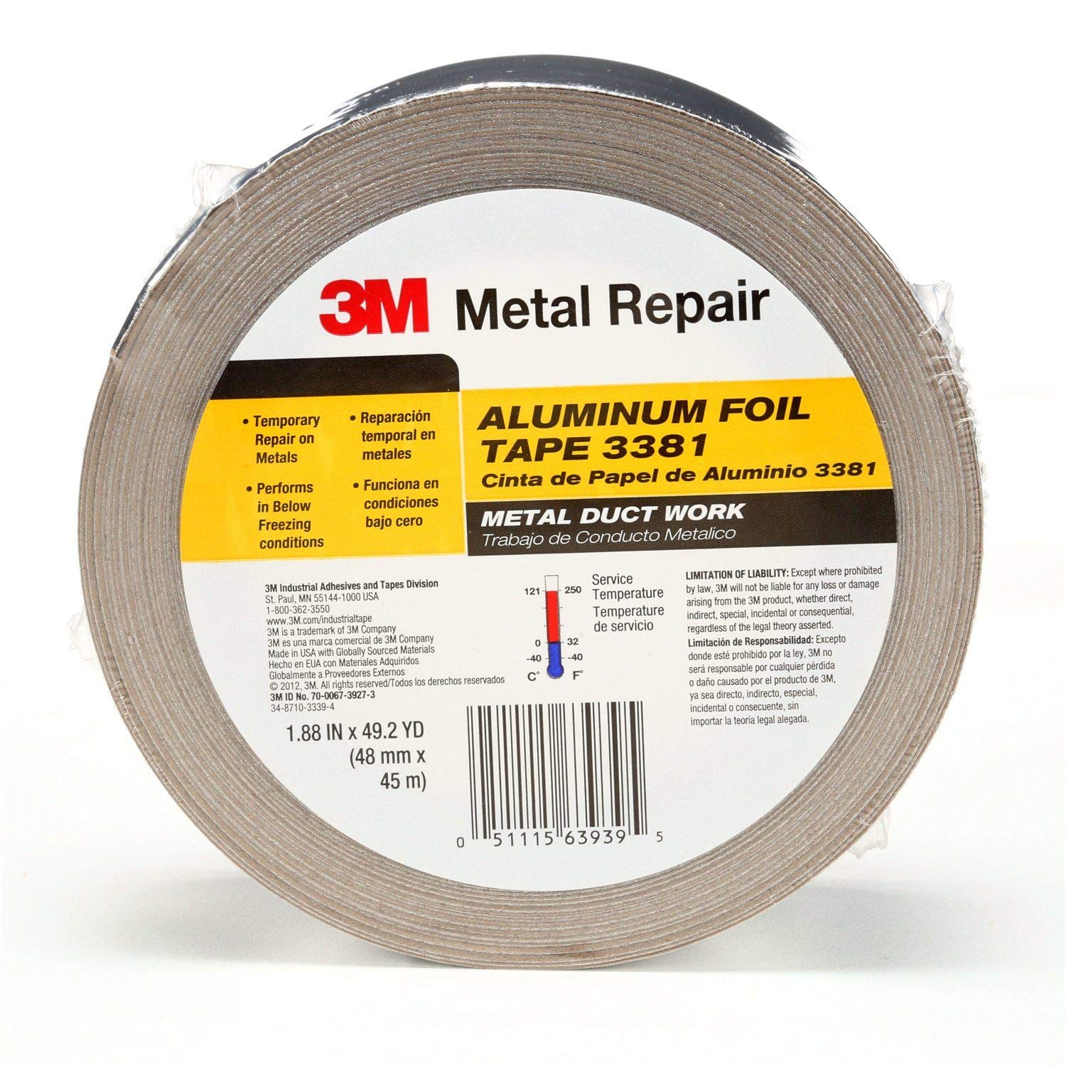 3M Aluminum Foil Tape 3381, 1.88" x 50 yd, 2.7 mil, Silver, HVAC, Sealing and Patching, Moisture Barrier, Cold Weather, Air Ducts, Foam Sheathing Boards, Insulation, Metal Repair