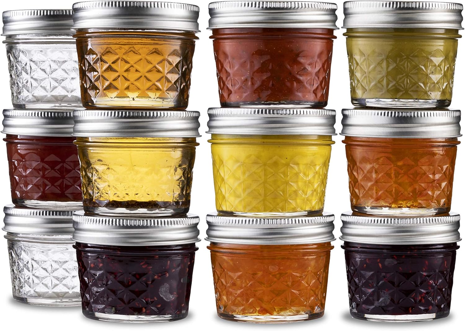 Ball Mini Quilted Crystal Jelly Jars 4 oz [12 Pack] Regular Mouth Mason Jars With Airtight lids and Bands For Canning, Preserving, Jams, Favors, DIY - Microwave & Dishwasher Safe. + SEWANTA Jar Opener