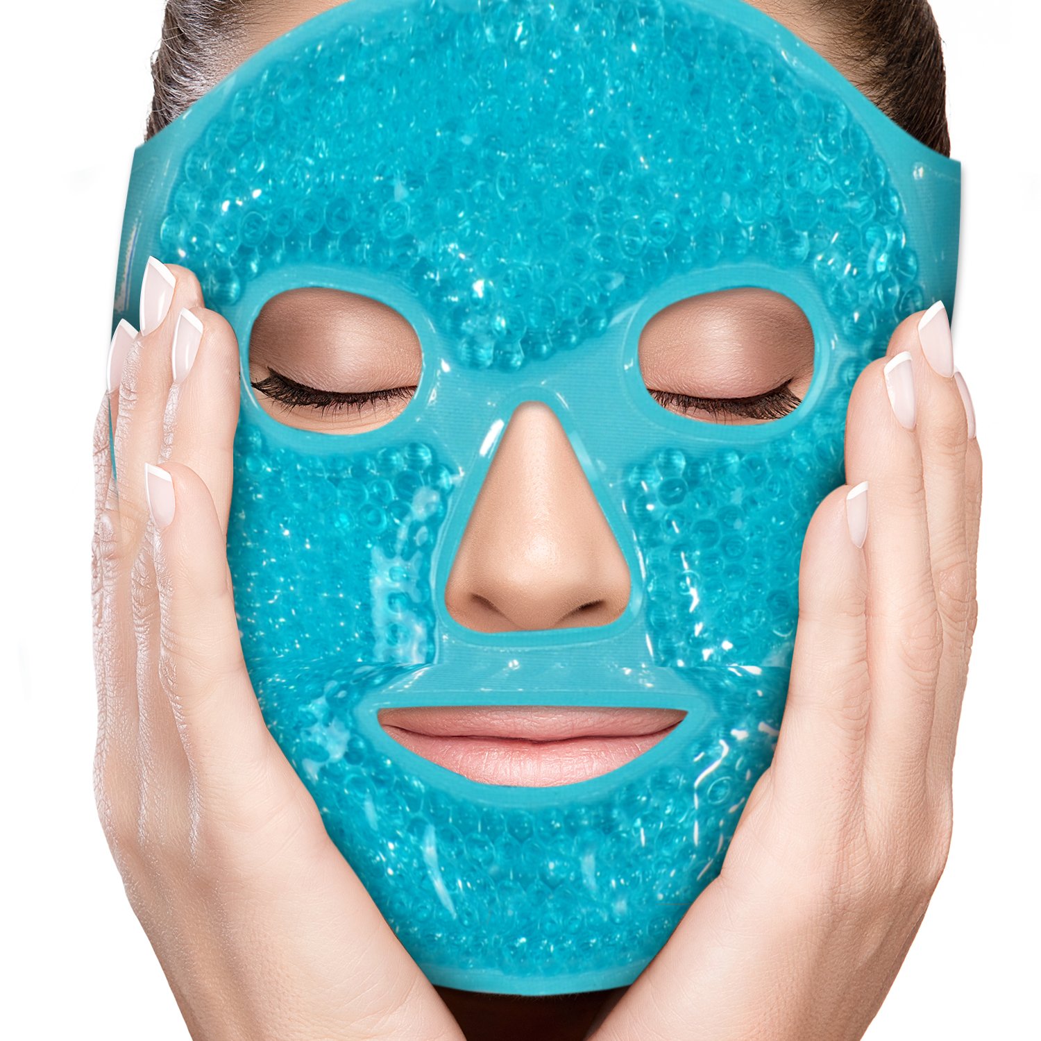 PerfeCore Facial Mask - Get Rid of Puffy Eyes - Migraine Relief, Sleeping, Travel Therapeutic Hot Cold Compress Pack - Gel Beads, Spa Therapy Wrap for Sinus Pressure Face Puffiness Headaches - Blue