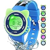 Juboos Kid's Digital Watch for Boys and Girls, Waterproof LCD Digital Sports Kids Watch with 7 Color LED Lights, Stopwatch, A