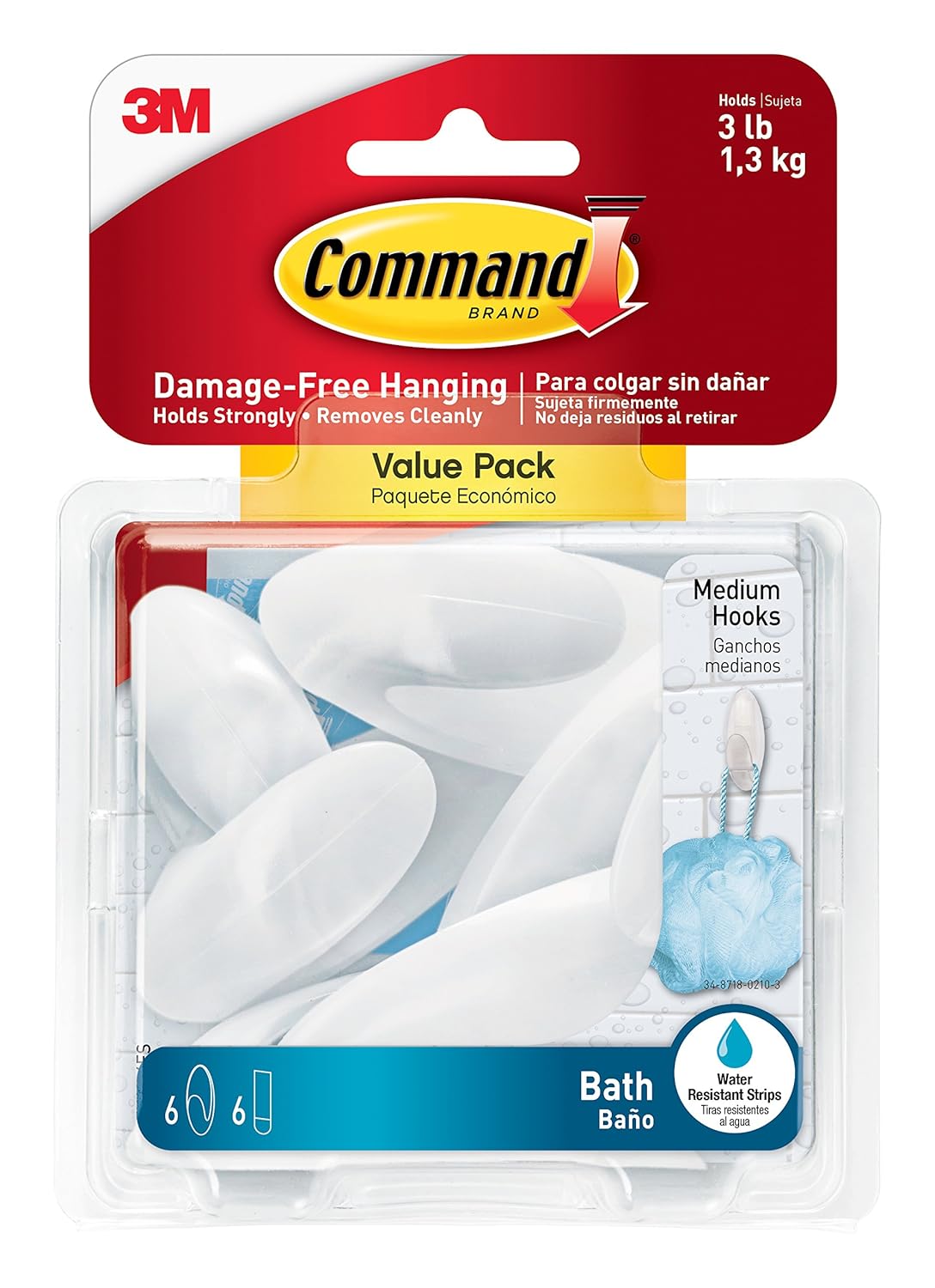 Command 076308728595 Bath Value Pack, Clear Frosted, 6-Hooks, 6-Medium Water Resistant Strips (BATH18-6ES)