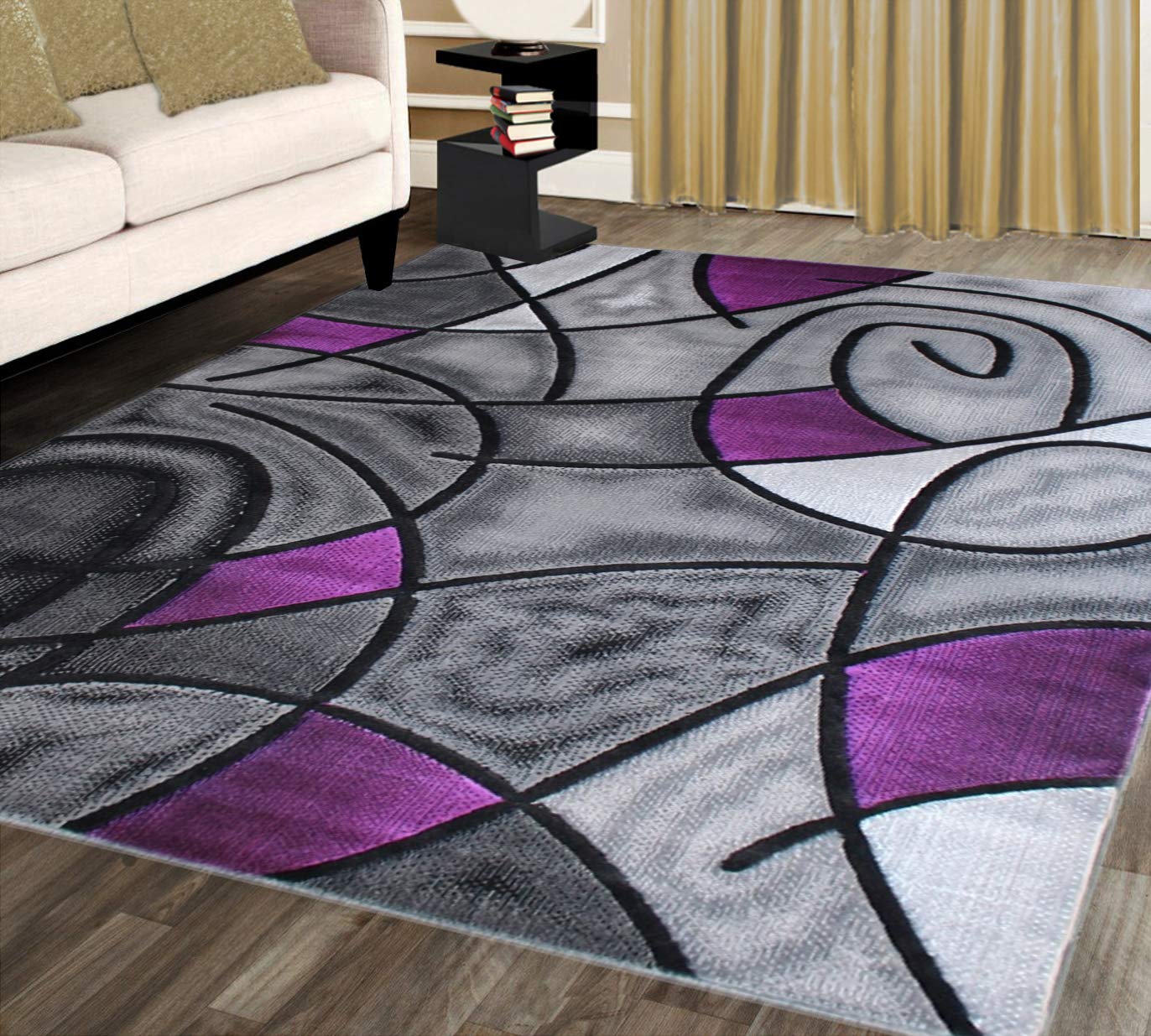 Masada Rugs, Modern Contemporary Area Rug, Purple Grey Black (5 Feet X 7 Feet)