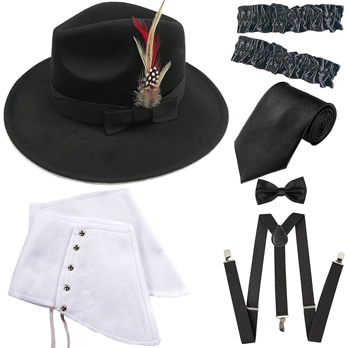 1920s Men’s Costumes: Gatsby, Gangster, Peaky Blinders, Mafia 1920s Trilby Manhattan Fedora Hat Gangster Spats/ArmbandsSuspenders Y-Back Trouser BracesPre Tied Bow TieTie  AT vintagedancer.com