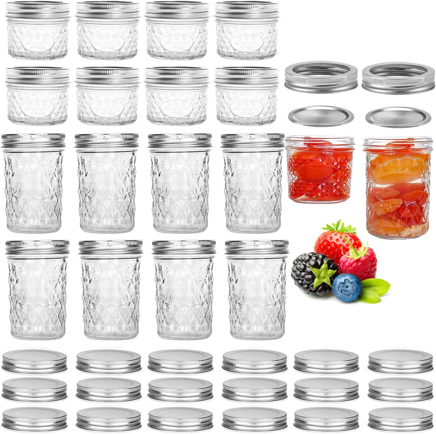 16 Pack Mason Jars,Canning Jars, Jelly Jars With Regular Lids, Ideal for Jam, Honey, Baby Foods,Pickling, Preserving, Craft and Dry Food Storage,Spice Jars - 4 OZ x 8, 8 OZ x 8