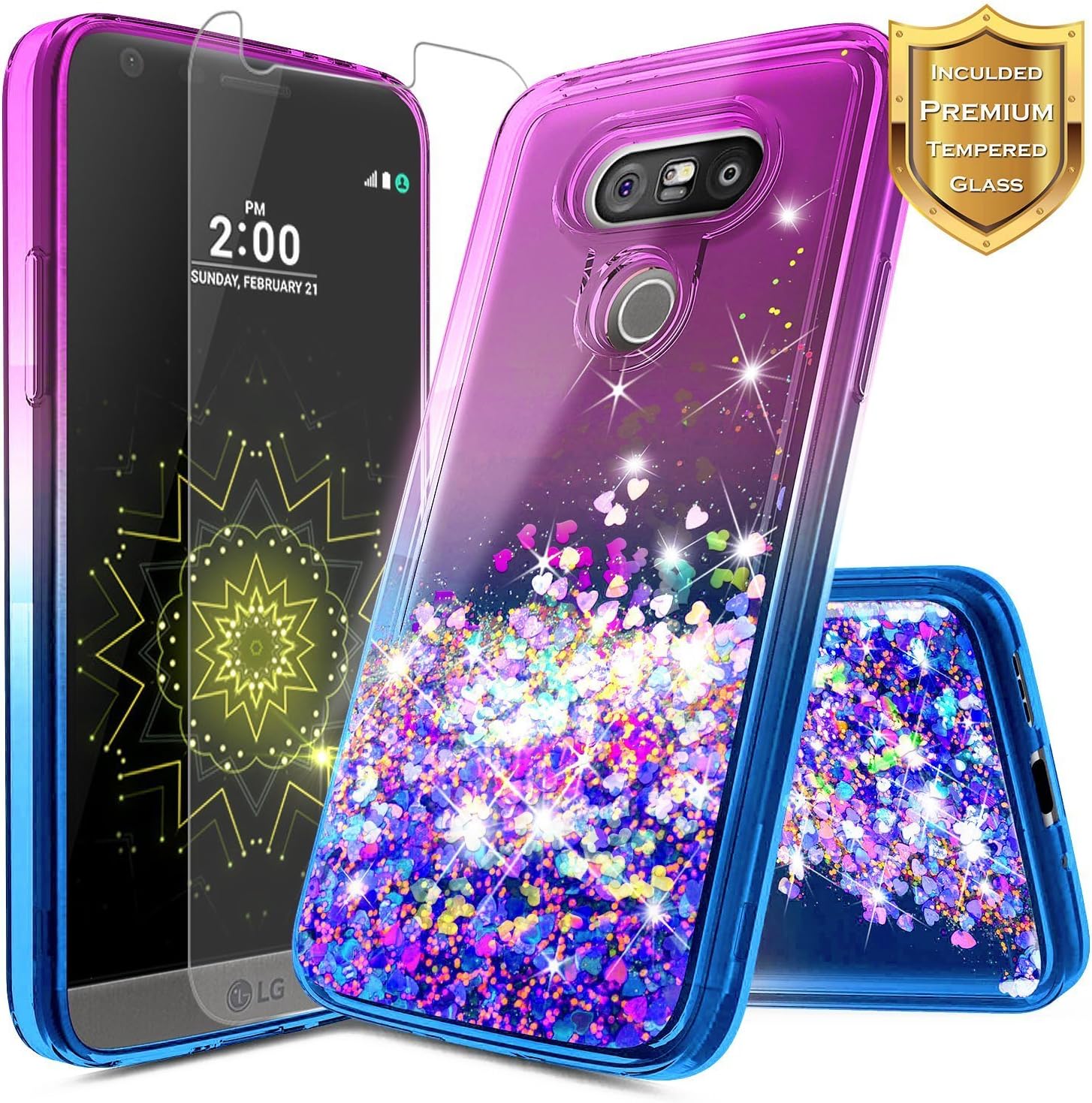 LG V20 Case w/[Tempered Glass Screen Protector], NageBee Glitter Liquid Quicksand Waterfall Floating Flowing Sparkle Shiny Bling Diamond Girls Cute Case for LG V20 -Purple/Blue