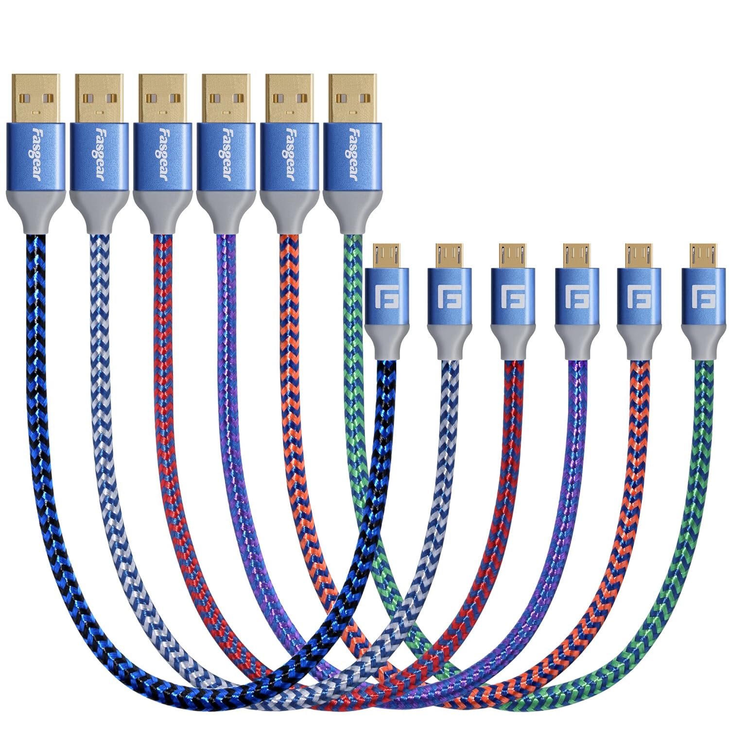 Fasgear 6 pcs 1ft / 30cm Nylon Braided Micro USB Short Cables with Gold-Plated Navy-Blue Connector Compatible with Samsung, LG, HTC, Nokia, Android Phone and More(6pcs Colorful Cables)