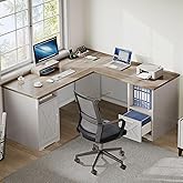 DWVO L Shaped Desk with File Drawer, 60" Corner Computer Desk with Power Outlets, Home Office Desk with Monitor Stand & Stora