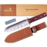 HOKURU Hori Hori Knife - Landscaping, Digging, Weeding, Cutting, Planting Gardening Tool With Leather Sheath, Stainless Steel