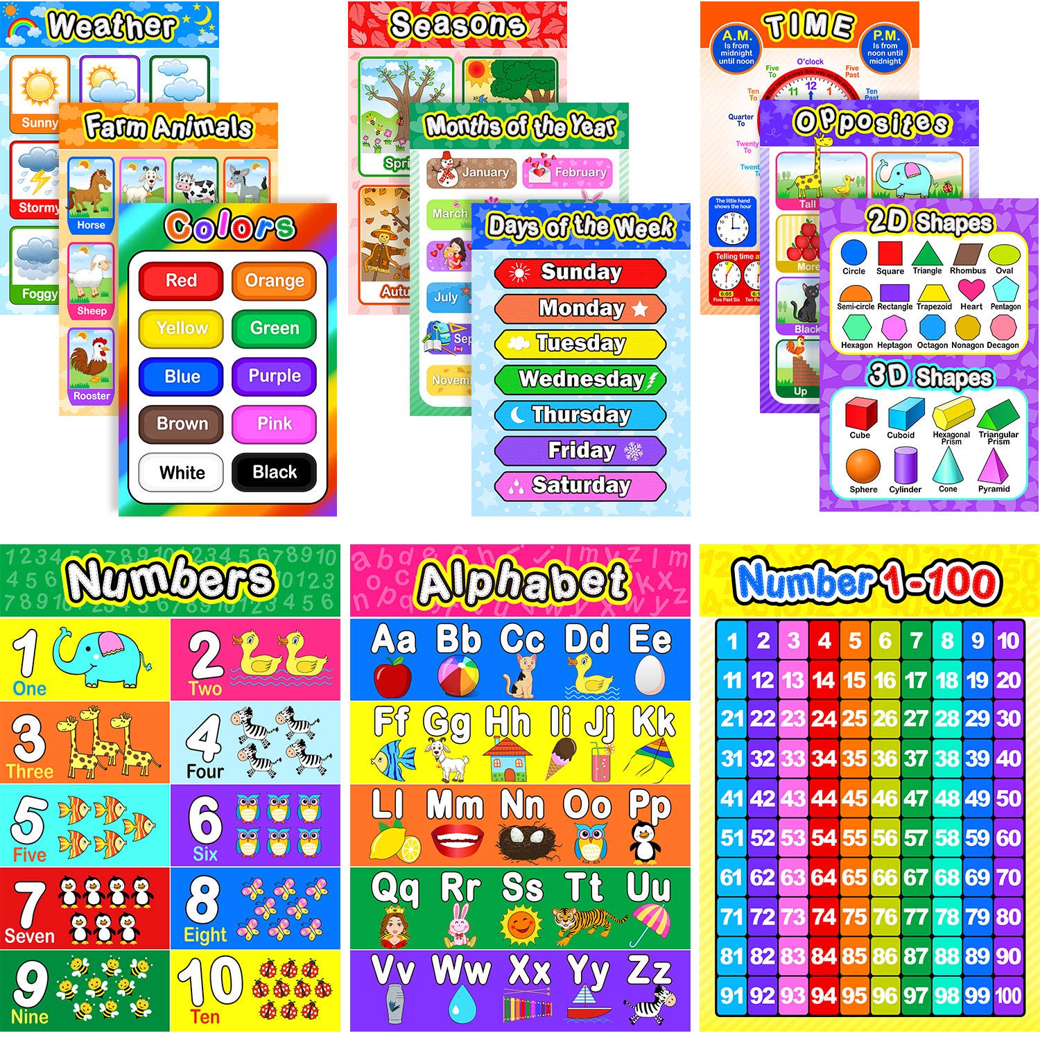 Educational Preschool Poster for Toddlers and Kids with 80 Glue Point Dot, Great for Nursery Homeschool Kindergarten Classroom - Teach Numbers Alphabet Colors Days and More, 16 x 11 Inch (12 Pieces)