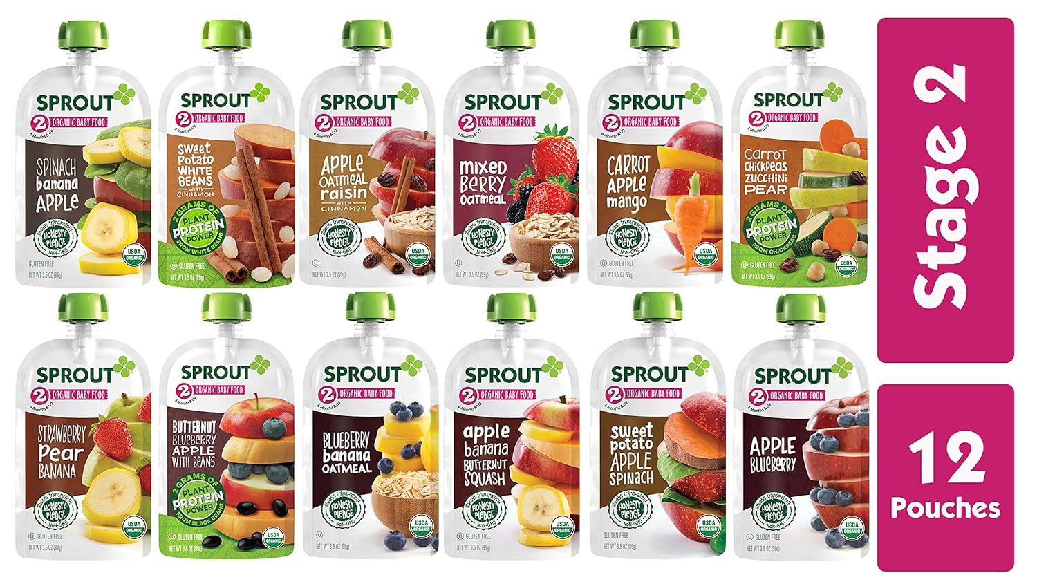 Sprout Organic Stage 2 Baby Food Pouches, 12 Flavor Variety Sampler, 12 Pouches