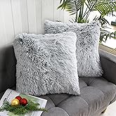 Uhomy 2 Packs Fluffy Plush Pillow Cover 18"x18", Luxury Gray Soft Fuzzy Faux Fur Throw Pillow Cover Cushion Case for Sofa Bed