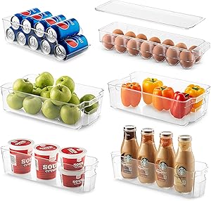 Set Of 6 Refrigerator Organizer Bins - Stackable Fridge Organizers for Freezer, Kitchen, Countertops, Cabinets - Clear Plastic Pantry Storage Racks