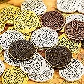 Hicarer 35 Pieces Gold Coins Pirate Coins Metal Fake Coins Pirate Treasure Coin Toys for Party Favor Decorations, Bronze, Red