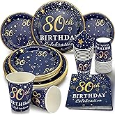 algpty 80th Birthday Decorations Plates and Napkins Blue and Gold, Service for 30, 80th Birthday Party Bundle Includes Navy B