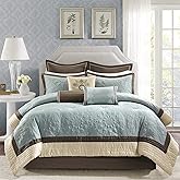 Madison Park Cozy Comforter Set Casual Modern Design All Season, Matching Bed Skirt, Decorative Pillows, Queen(92"x96"), Blue