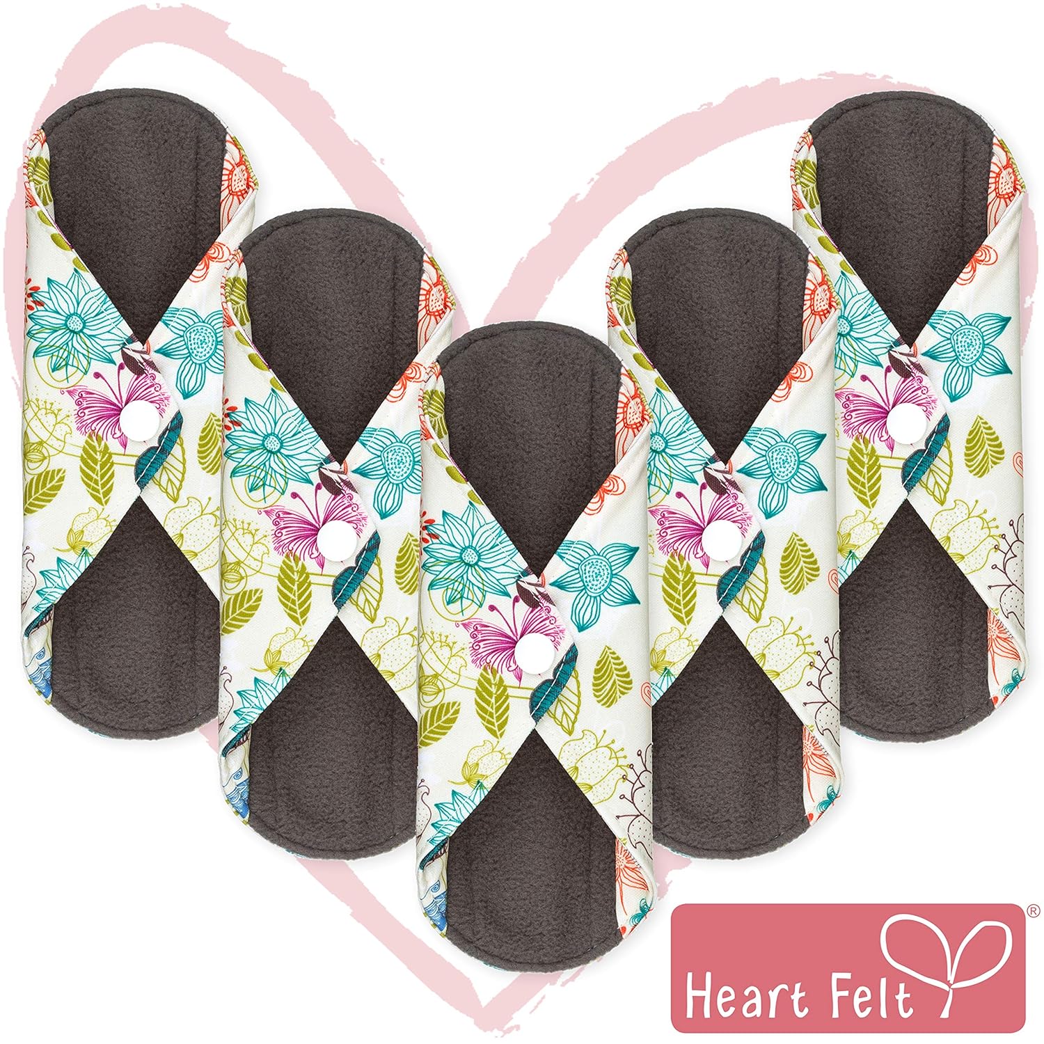 Sanitary Reusable Cloth Menstrual Pads by Heart Felt. 5 Pack Washable Natural Organic Napkins with Charcoal Absorbency Layer. Overnight Medium Panty Liners for Comfort Support and Incontinence